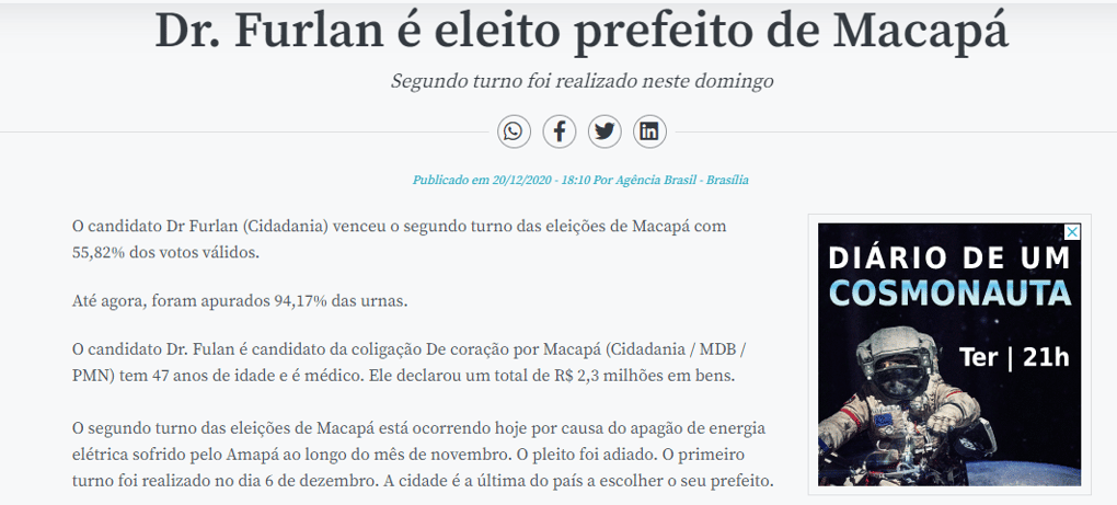 Agência Brasil ignora nome de Josiel Alcolumbre e apoio de Bolsonaro