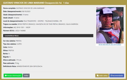 Você pode ajudar a encontrar Gustavo Vinicios, um dos desaparecidos do Brasil