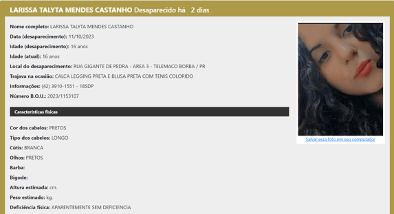 Você pode ajudar a encontrar Laryssa Talyta, uma das desaparecidas do Brasil