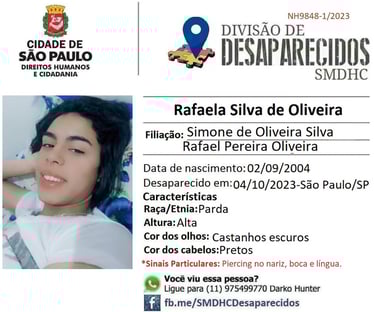 Você pode ajudar a encontrar Rafaela, uma das desaparecidas do Brasil