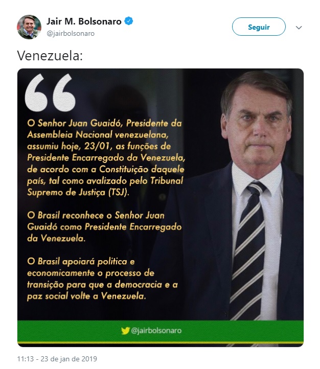 BOLSONARO RECONHECE NOVO GOVERNO DA VENEZUELA BOLSONARO RECONHECE NOVO GOVERNO DA VENEZUELA