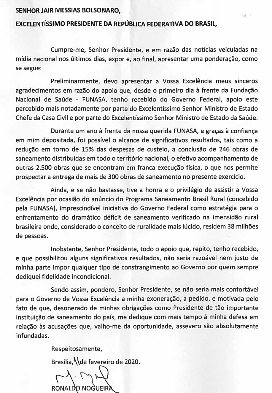 A carta de demissão do presidente da Funasa  O Antagonista