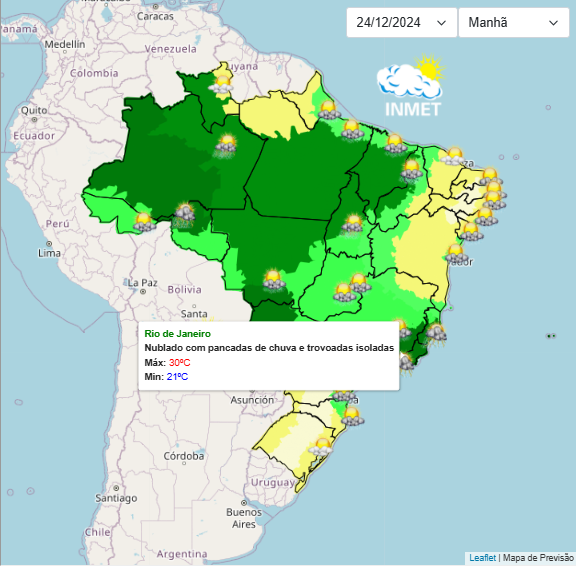 Previsão do tempo: Nata será de chuva na região Sudeste