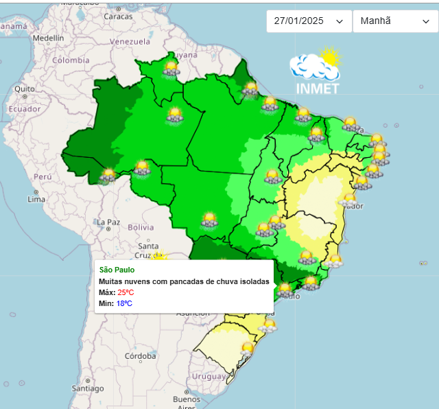 Previsão do Tempo para São Paulo nessa 2°feira, 27
