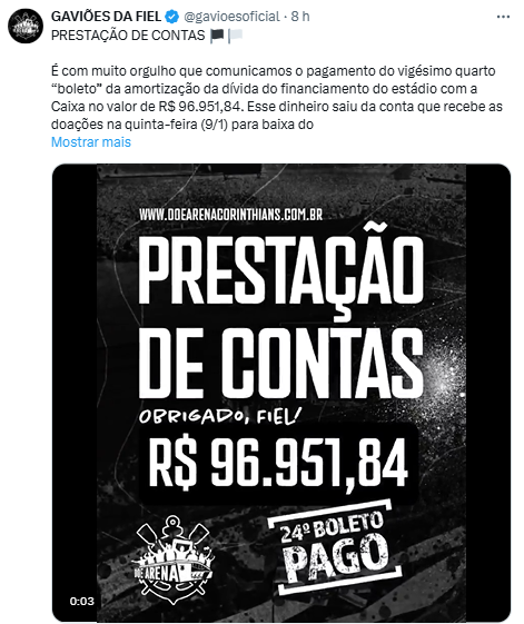 Vaquinha do Corinthians: Gaviões paga mais um boleto. Veja situação atual