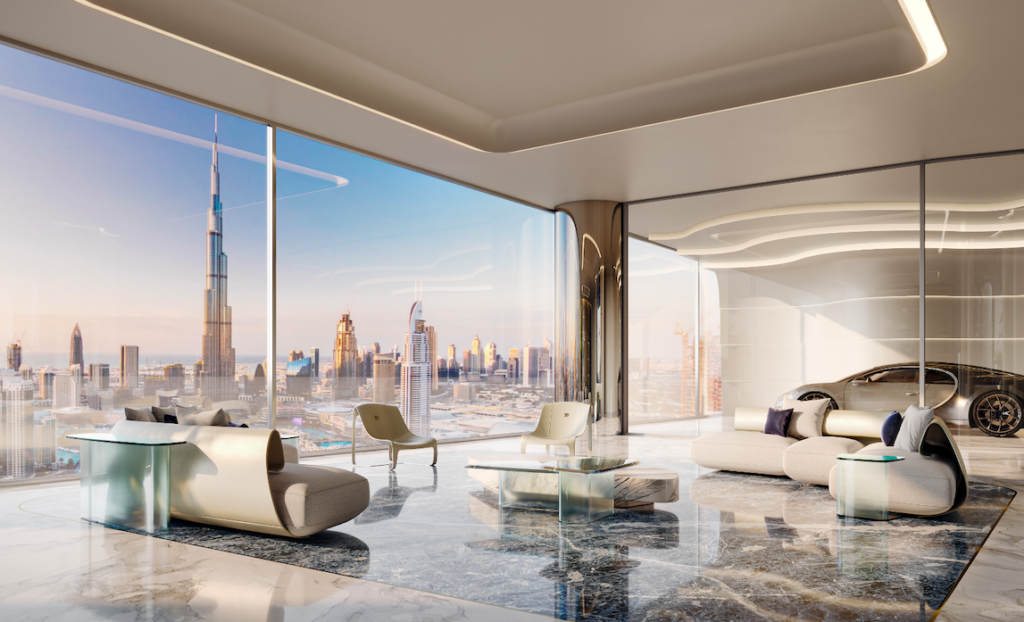 Vista interna da cobertura da Bugatti em Dubai, segundo o projeto
