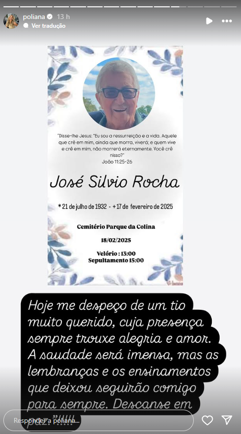 Poliana Rocha lamenta morte de um ente querido