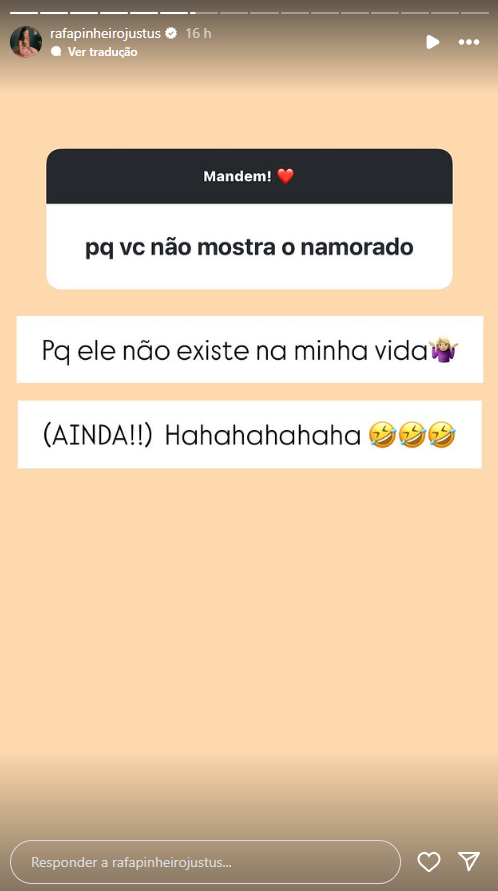 Rafaella Justus responde sobre ausência de namorado