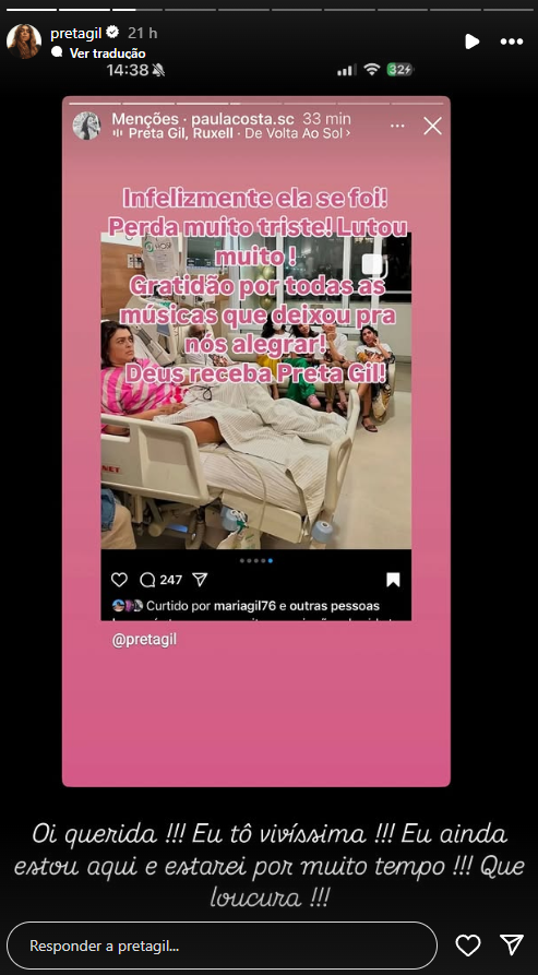 Preta Gil se pronuncia sobre sua "morte"
