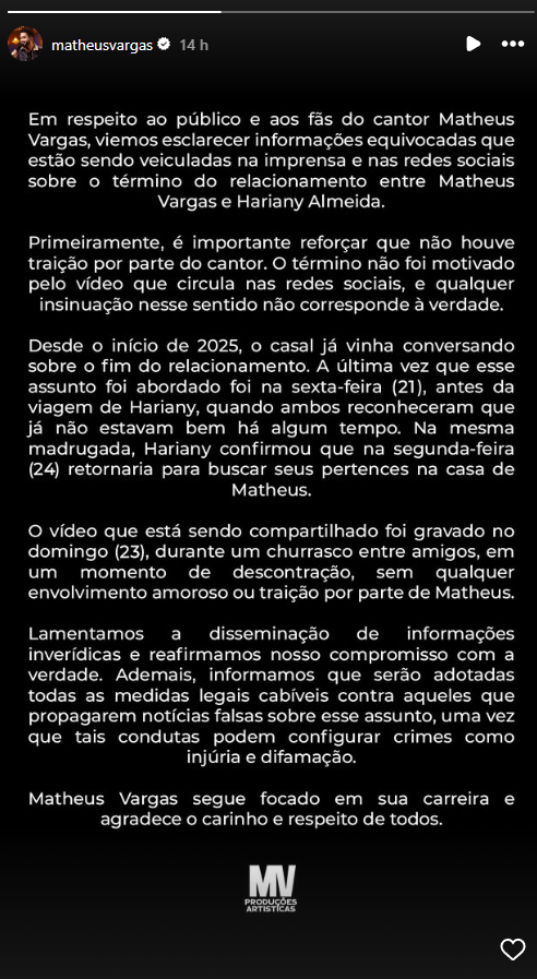 Matheus Vargas nega infidelidade a Hariany Almeida