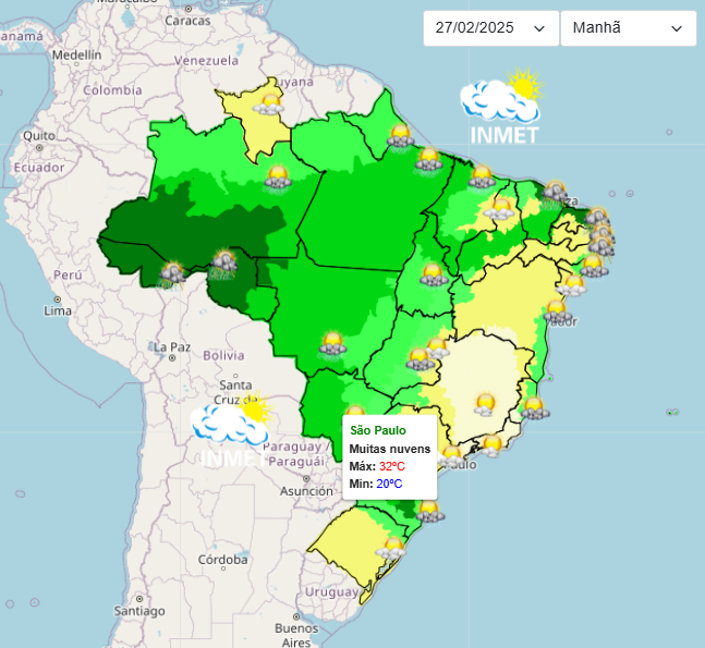 Previsão do Tempo para São Paulo nesta 5°feira, 27