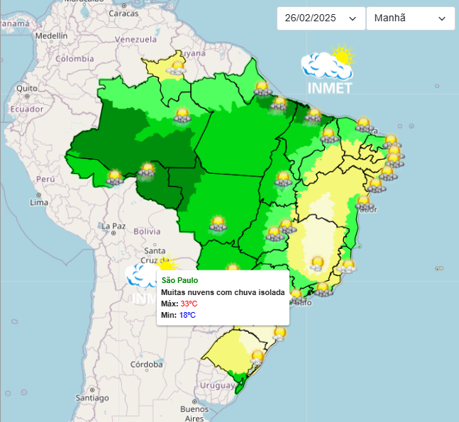 Previsão do tempo para São Paulo nesta 4°feira, 26