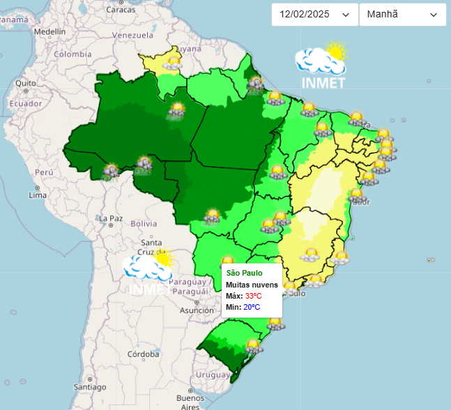 Previsão do tempo para São Paulo nesta quarta-feira, 12