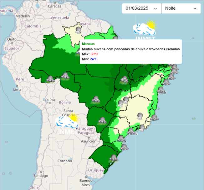 Previsão do tempo para o Carnaval em todo o Brasil.