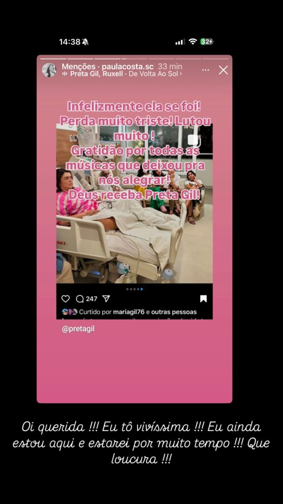 Preta Gil desmente boatos de morte nas redes sociais