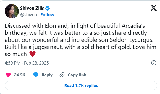 Nasceu hoje o 14 filho de Elon Musk