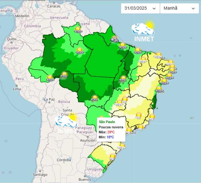 Previsão do Tempo para São Paulo nesta 2°feira, 31