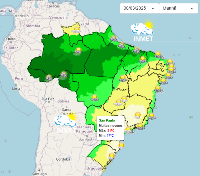 Previsão do Tempo para São Paulo nesta 5°feira, 06