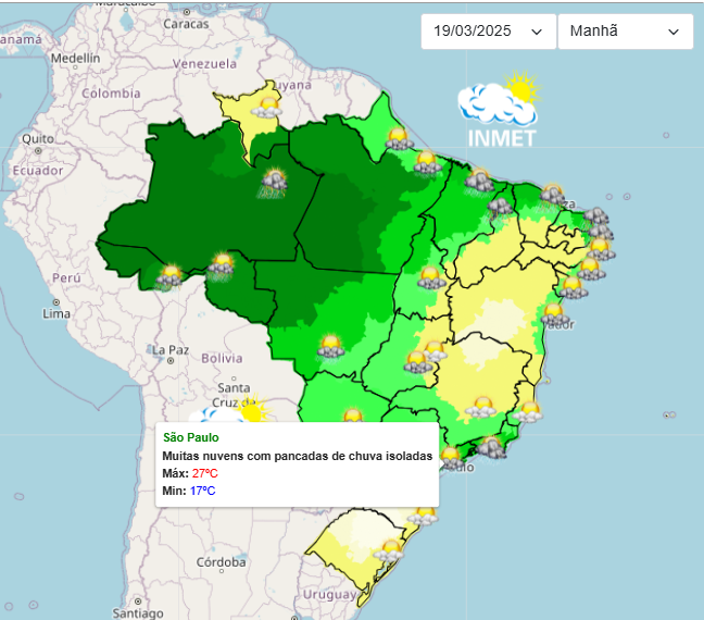 Previsão do tempo para São Paulo nesta quarta-feira, 19