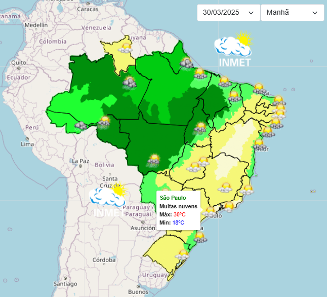 Previsão do tempo para São Paulo neste domingo, 30