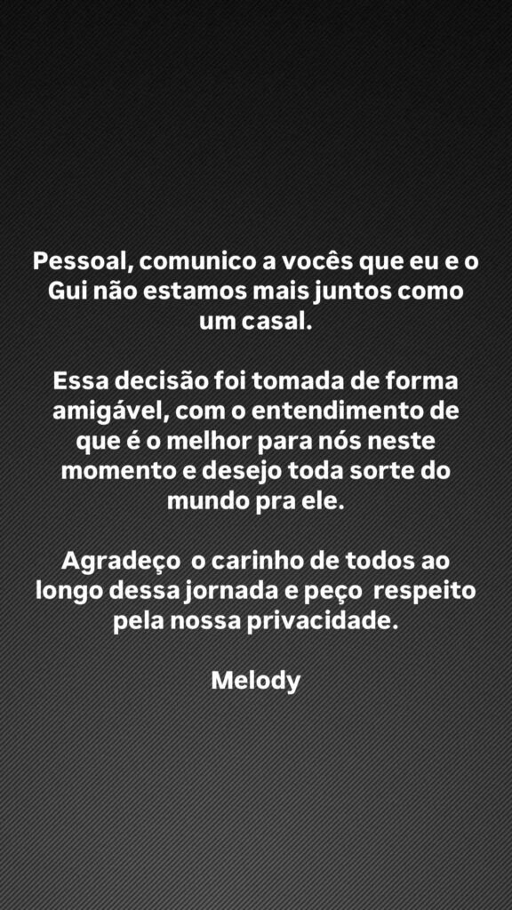 MC Melody anuncia término de namoro com Guilherme Stábile