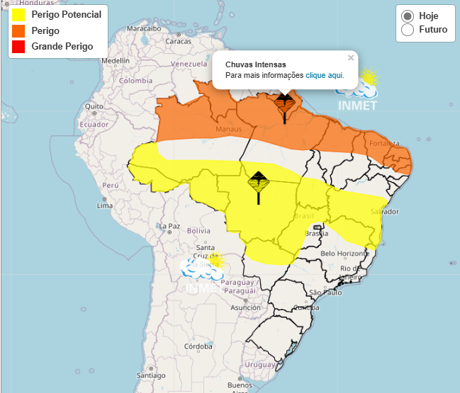Alerta Inmet para chuvas intensas nos dias 20 e 21.