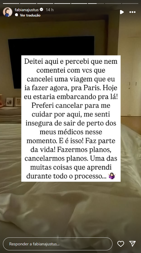 Fabiana Justus desiste de viagem por causa da saúde