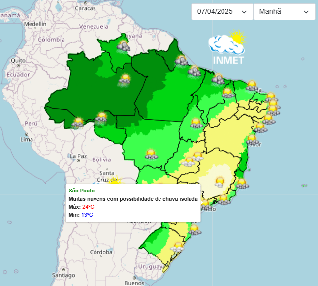 Previsão do Tempo para São Paulo nesta 2°feira, 07