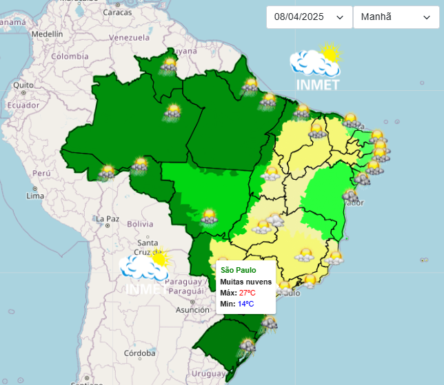 Previsão do tempo para São Paulo nessa 3°feira, 08