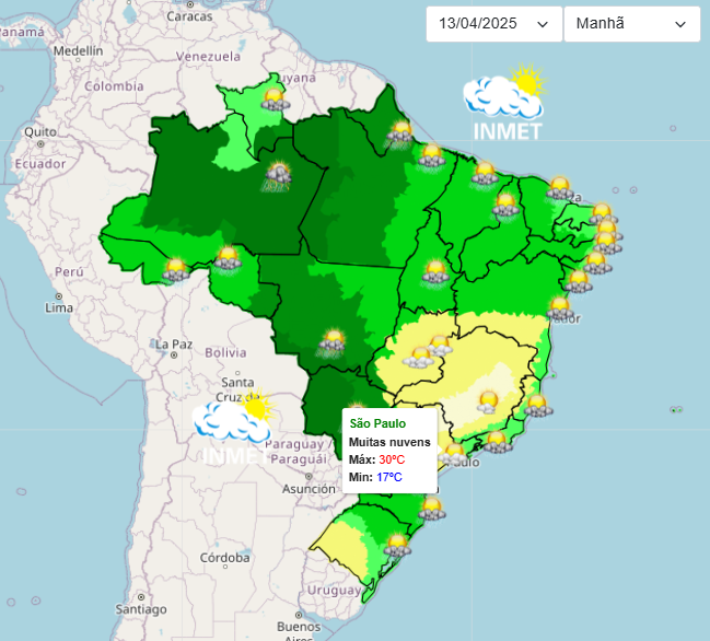 Previsão do tempo para São Paulo neste domingo, 13