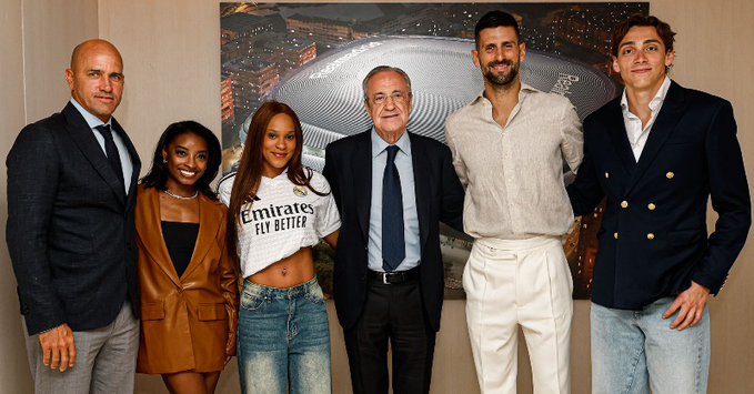 Rebeca Andrade, Simone Biles e Djokovic juntos em jogo do Real Madrid