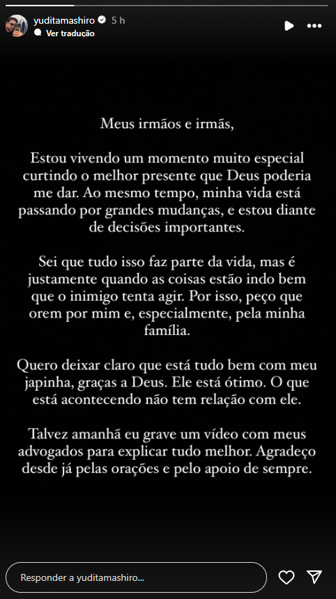 Yudi Tamashiro pede apoio em momento de incerteza