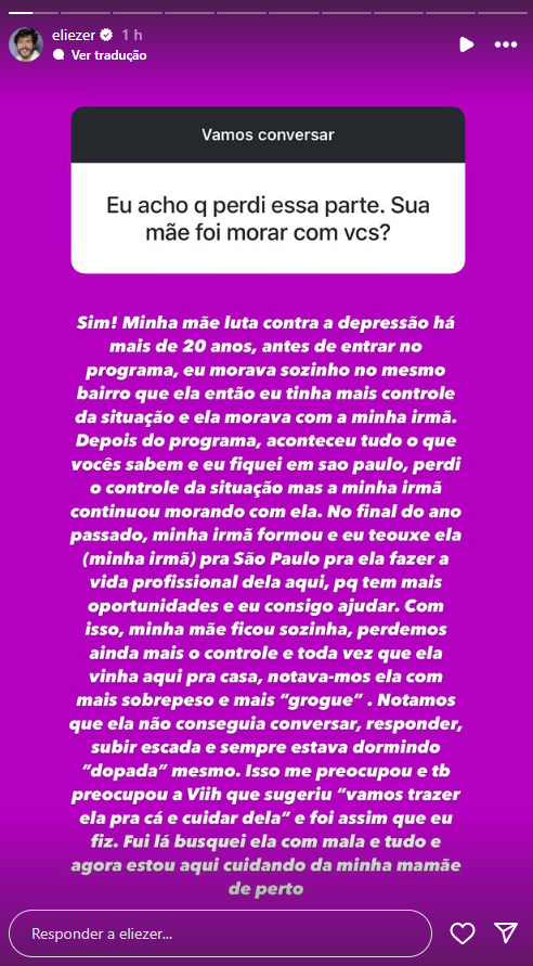 Eliezer comove ao revelar diagnóstico da mãe