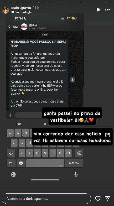 Duda Guerra comemora aprovação na faculdade