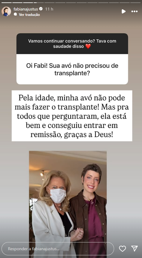 Fabiana Justus atualiza estado de saúde da avó