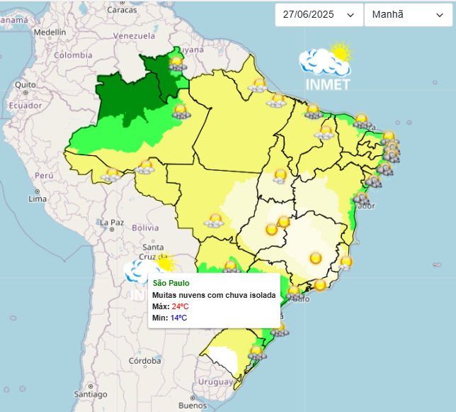 Previsão do tempo aponta clima instável em São Paulo nesta 6°feira, 27