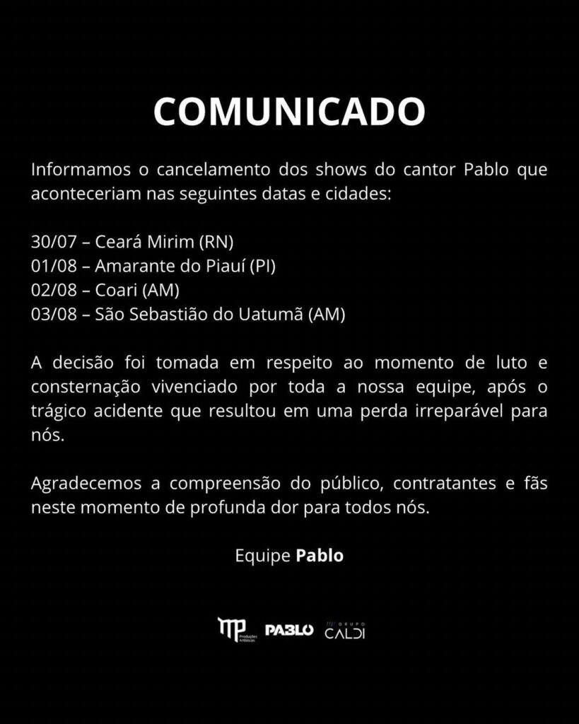 Pablo do Arrocha tem shows cancelados após tragédia