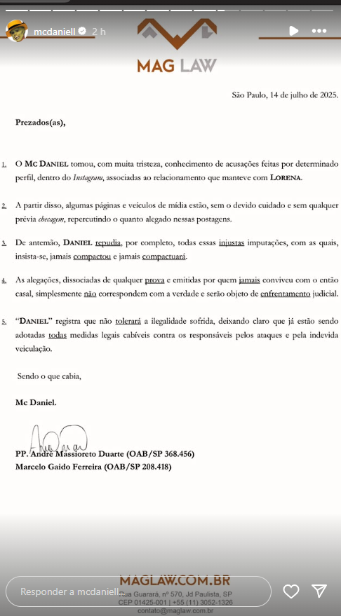 MC Daniel responde acusações sérias sobre término com Lorena