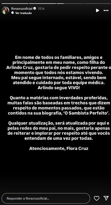 Saúde de Arlindo Cruz gera alerta e filha se pronuncia
