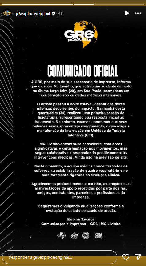 Atualizações sobre o estado de saúde de MC Livinho