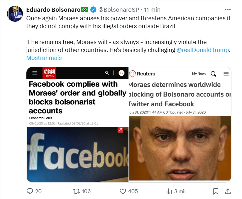 Post de Eduardo Bolsonaro