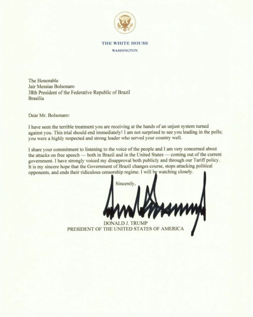 Carta de Donald Trump a Bolsonaro