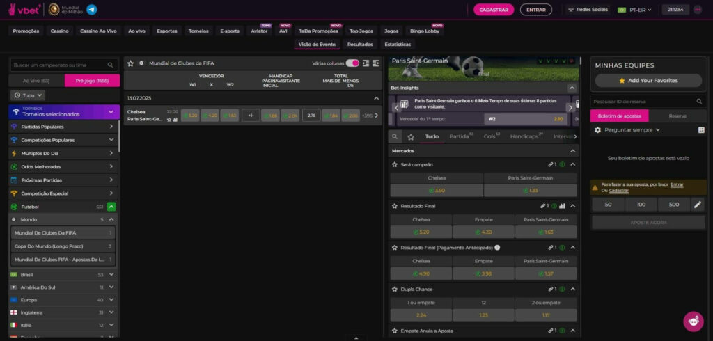Odds Chelsea x PSG Mundial 2025 na Vbet