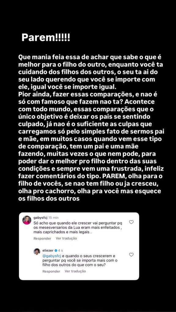 Eliezer se revolta ap&oacute;s coment&aacute;rio comparando seus filhos