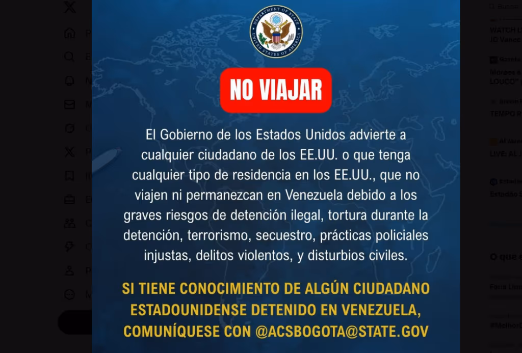 Crusoé: Embaixada dos EUA emite alerta para “sérios riscos” na Venezuela