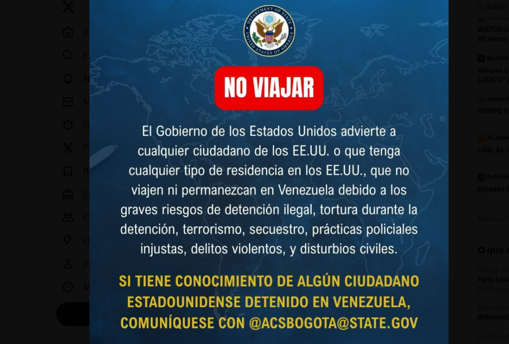 Crusoé: Embaixada dos EUA emite alerta para “sérios riscos” na Venezuela