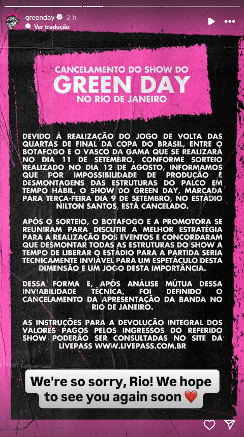 Show do Green Day é cancelado no Rio de Janeiro