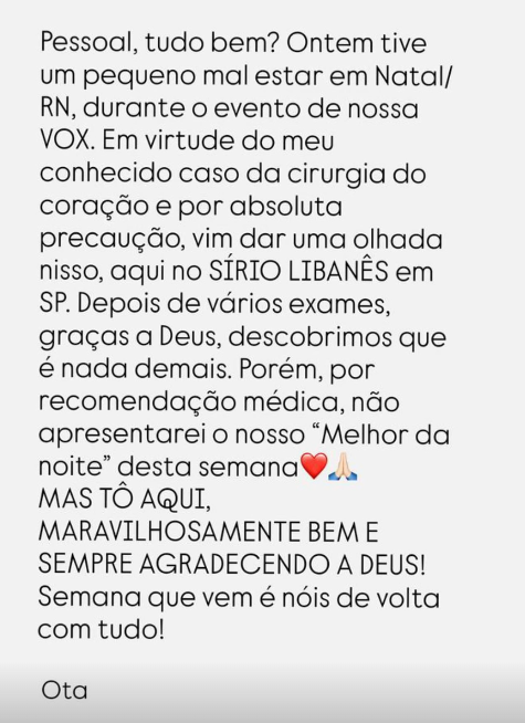Otaviano Costa é afastado da TV após sintomas