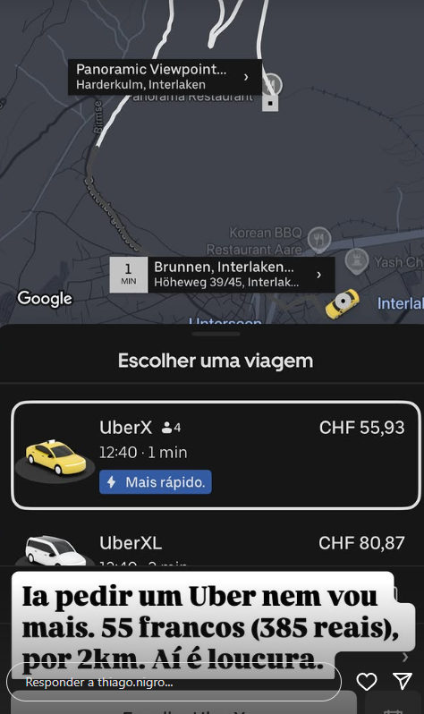 Thiago Nigro toma susto com valor do Uber na Suíça