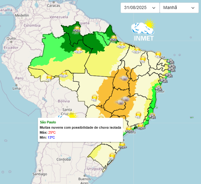 Previsão do tempo para São Paulo neste domingo, 31/08